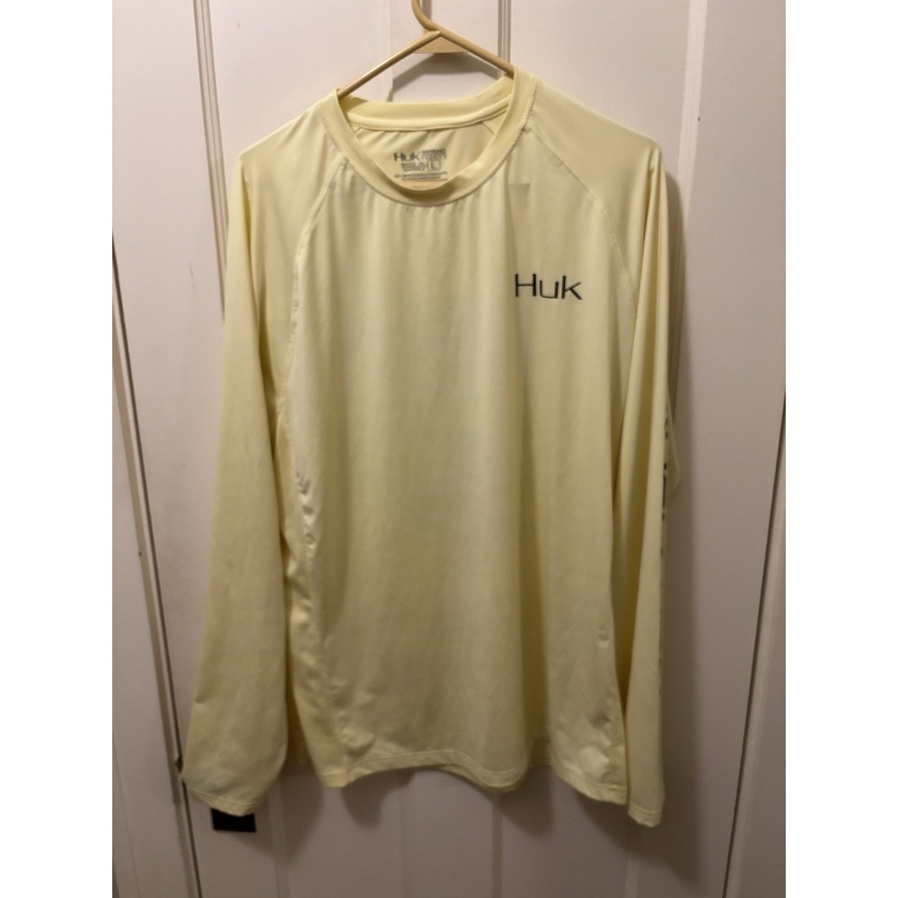 Huk Mens Performance Fishing Shirt Long Sleeve Yellow Graphic Fish Large
